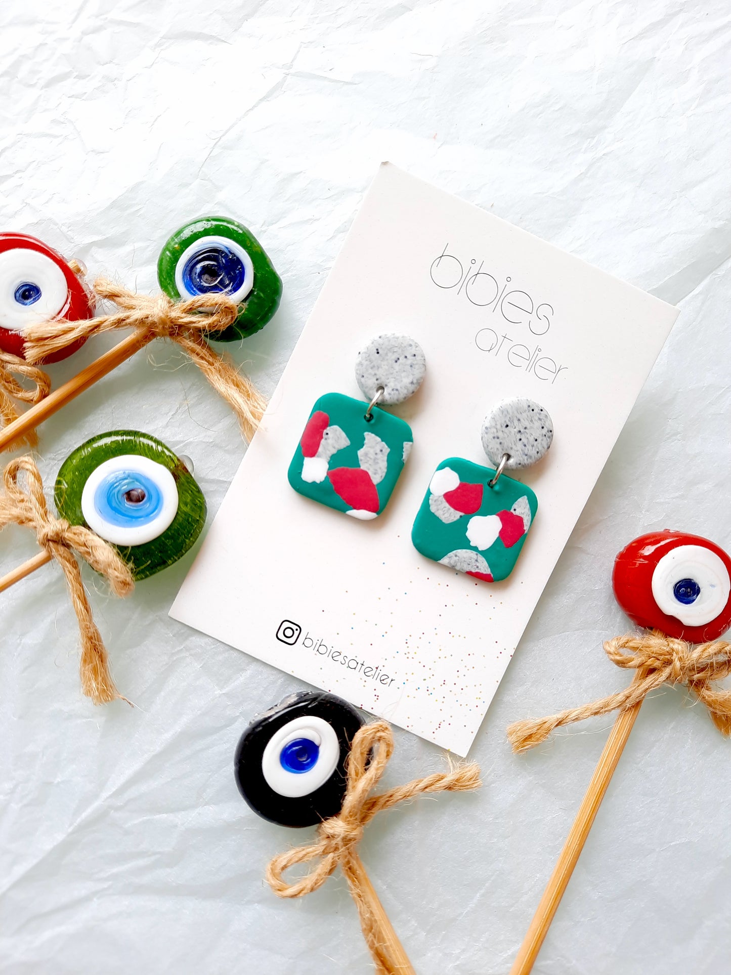 Festive Bloom Polymer Clay Earrings – Green, Red & White