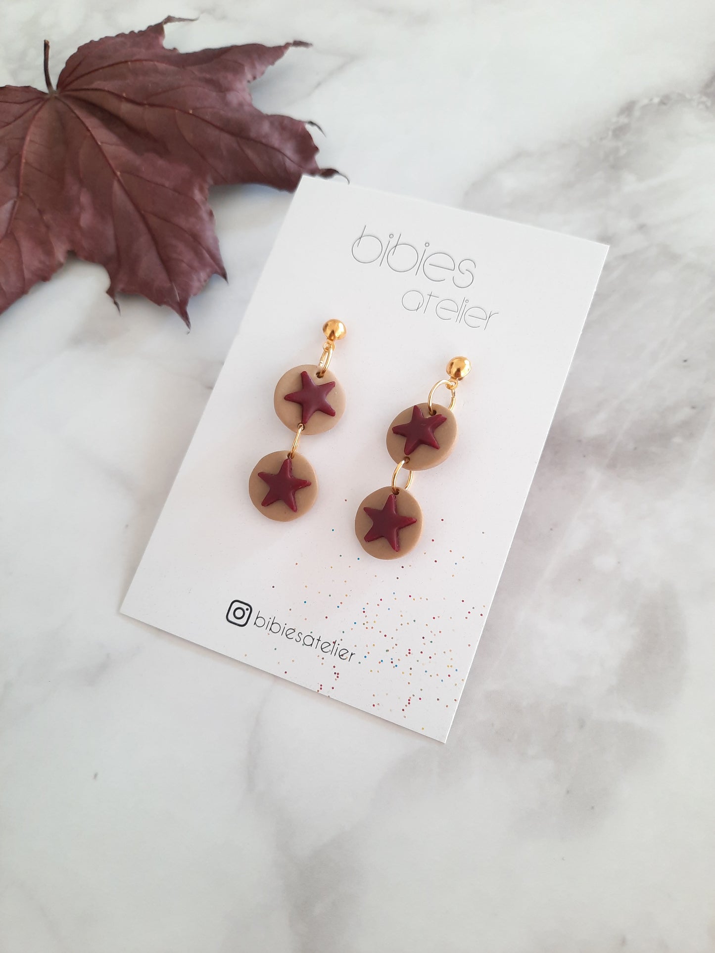 Twilight Star Polymer Clay Earrings – Beige & Burgundy
