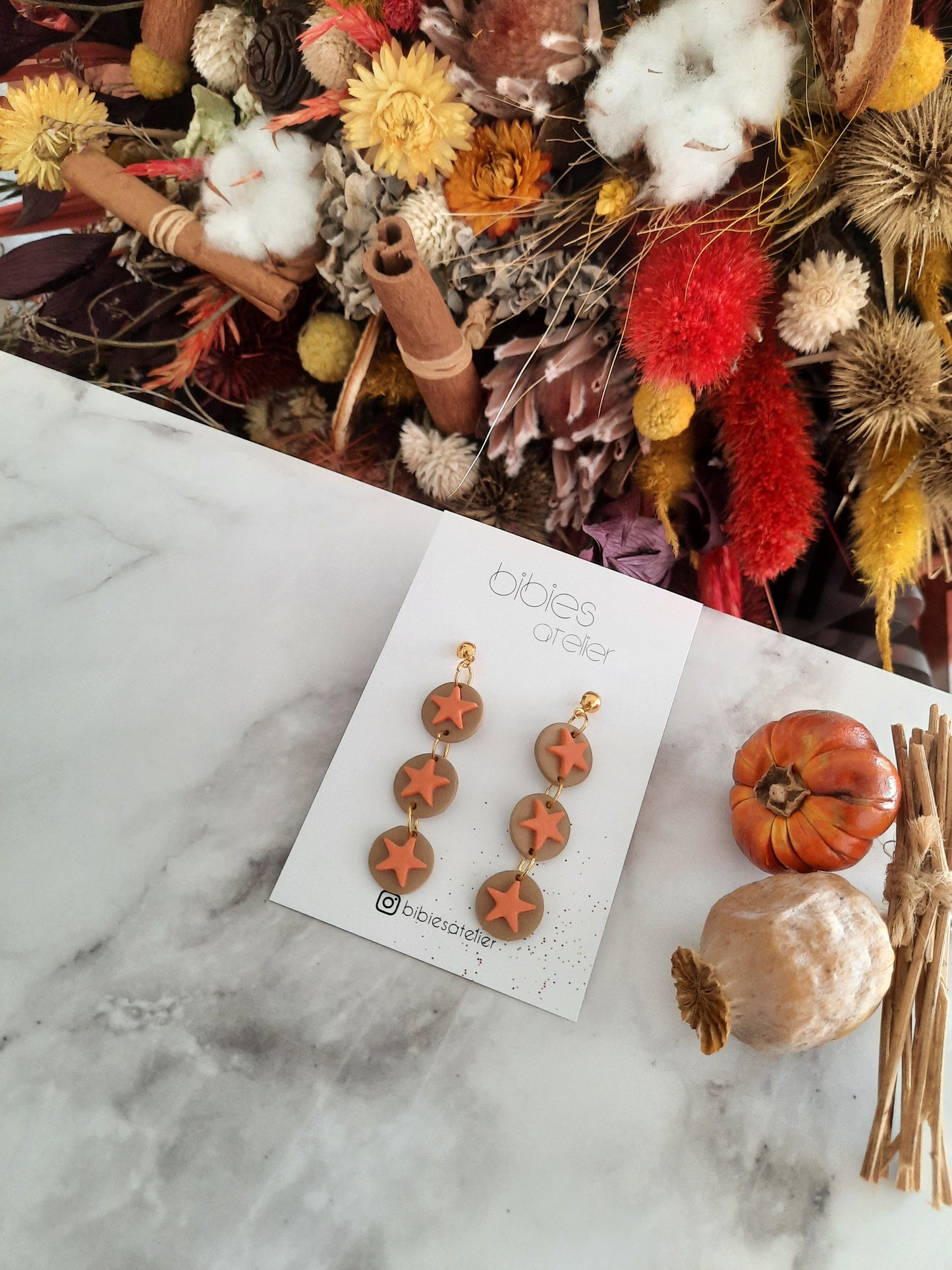 Stardust Drop Polymer Clay Earrings – Beige & Pumpkin Star Design