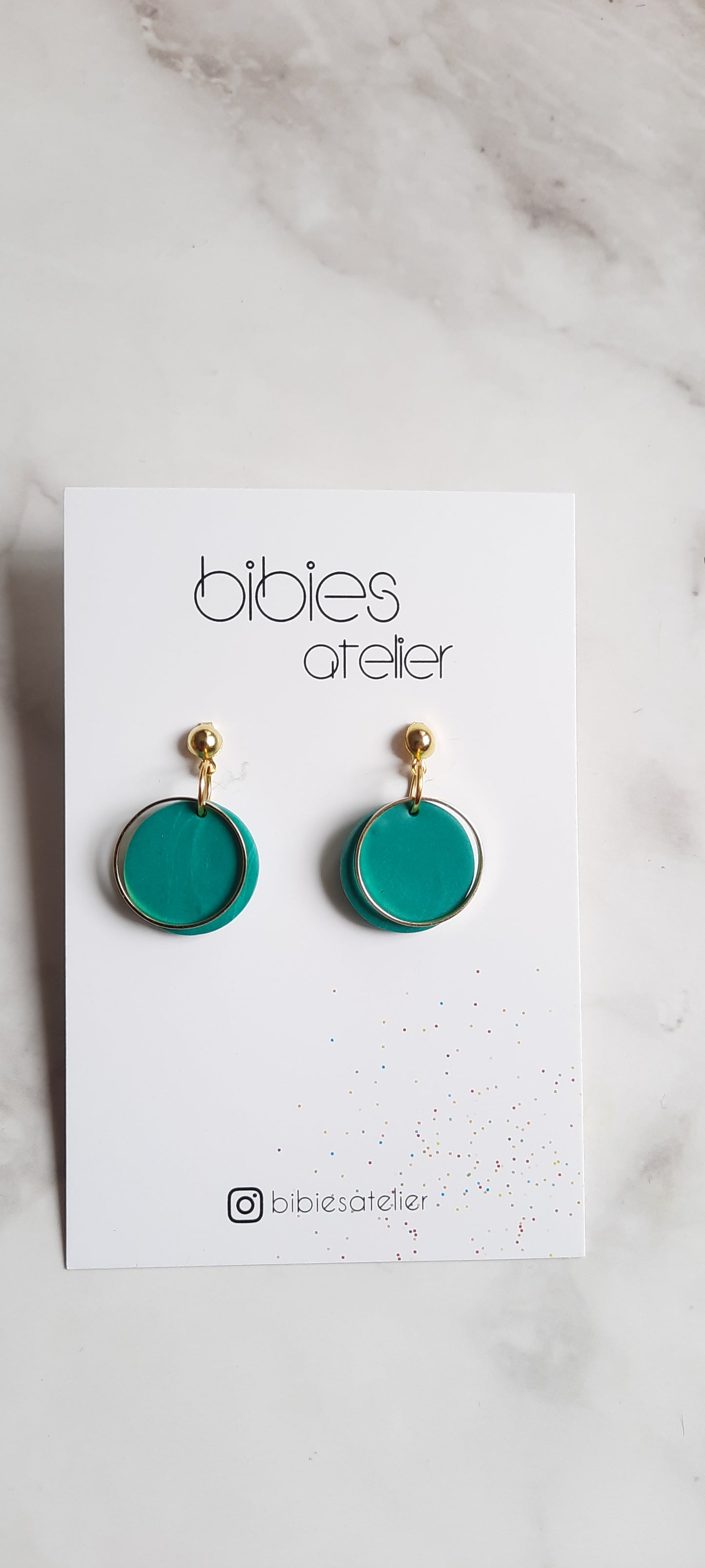 Emerald Glow Polymer Clay Earrings – Mini Green Studs with Gold-toned Circle Dangles