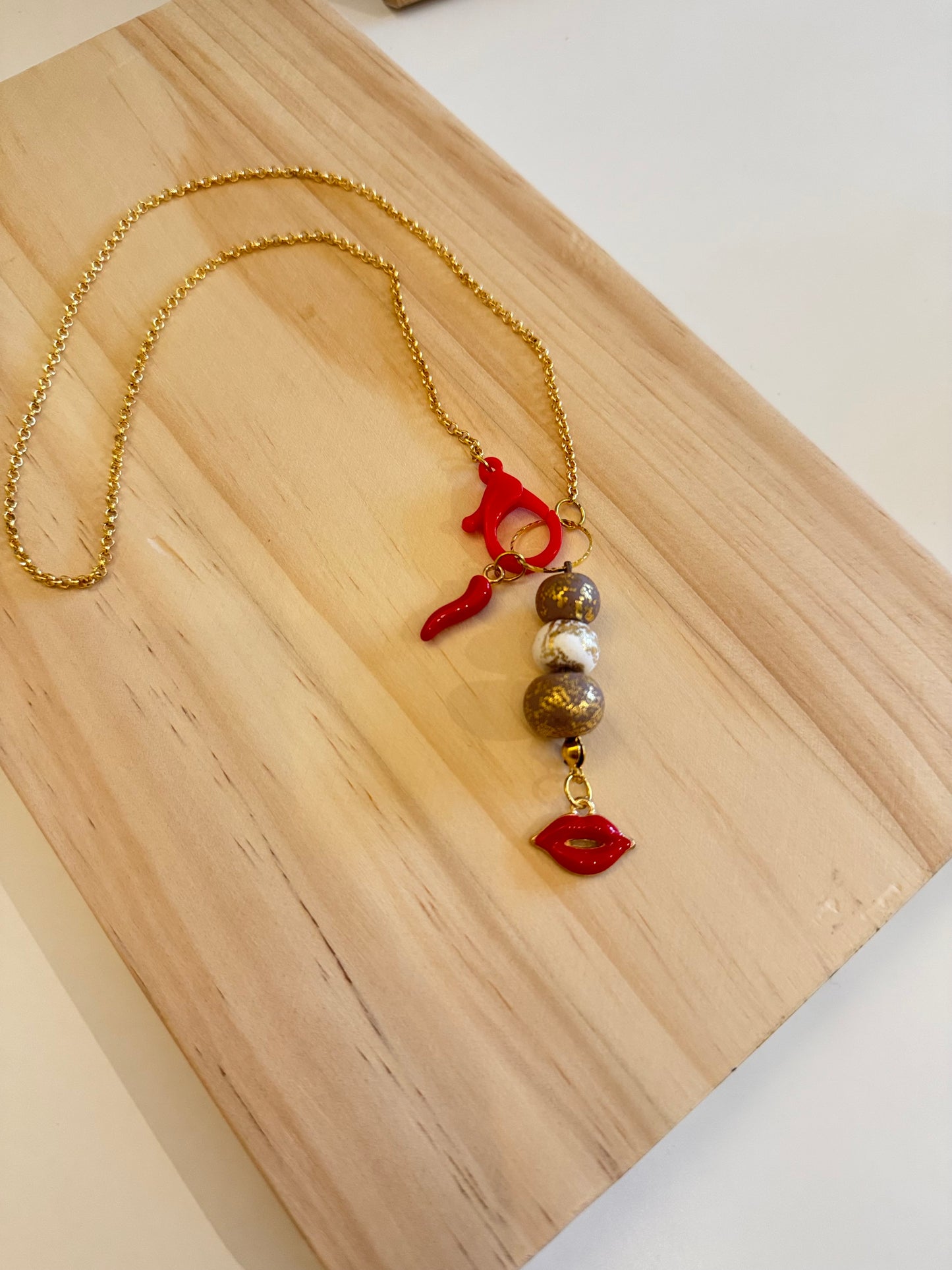 Handmade Chili Kiss Polymer Clay Necklace - Bold Red Marble Statement Pendant