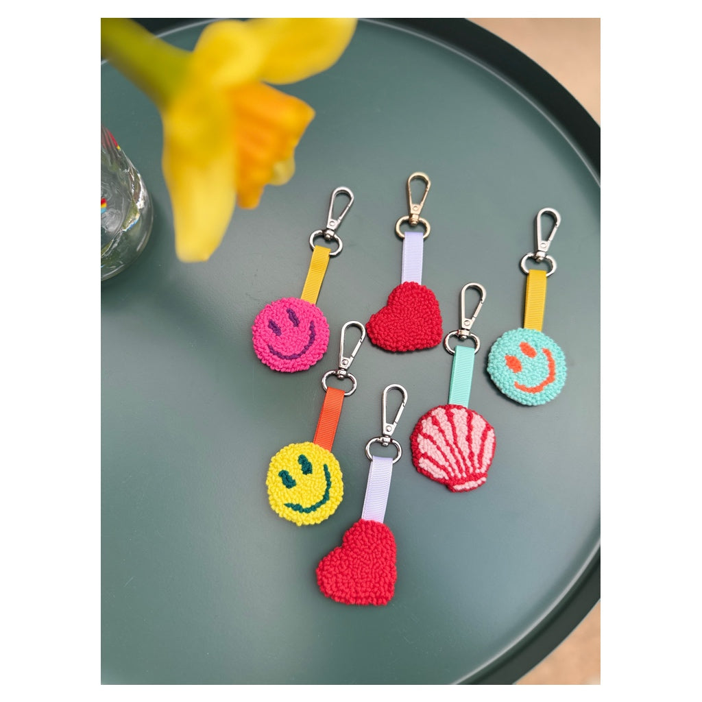 Handmade Punch Needle Keychains – Heart, Smiley & Shell Designs Full of Texture & Joy