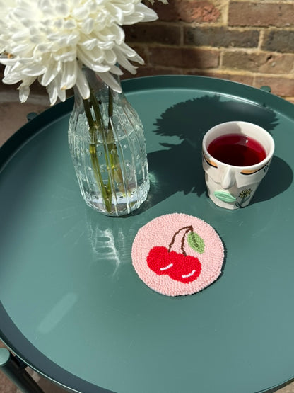 Cherry Punch Needle Coaster – Handmade, Sweet & Playful Design