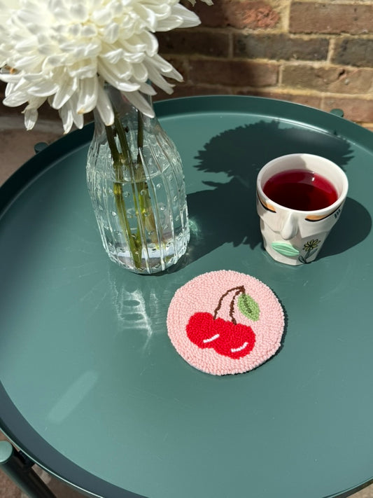 Cherry Punch Needle Coaster – Handmade, Sweet & Playful Design