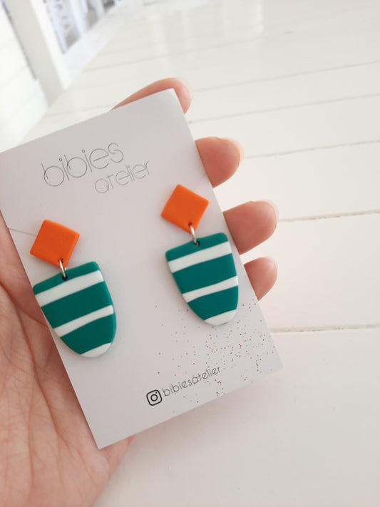 Tangerine Breeze Polymer Clay Earrings – Green with White Stripes & Orange Tips