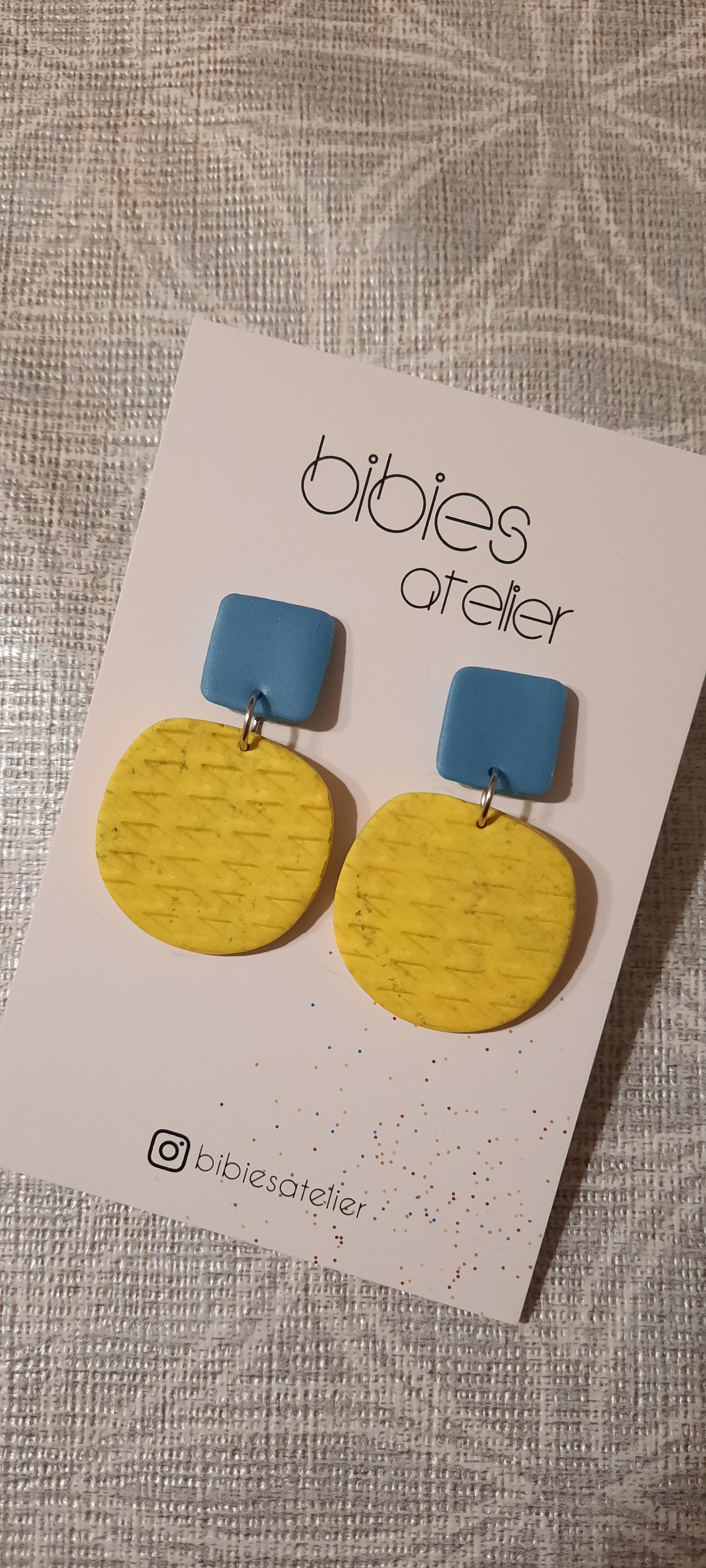 Skyline Drop Polymer Clay Earrings – Light Blue with Yellow Patterned Dangles