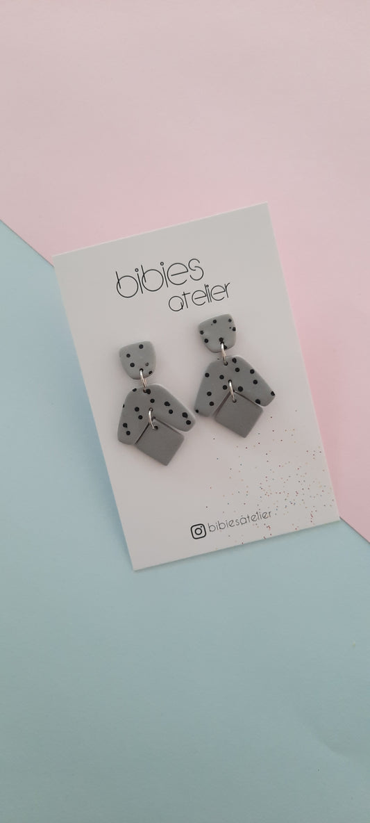 Midnight Dot Polymer Clay Earrings – Gray Triple Drop with Black Dots