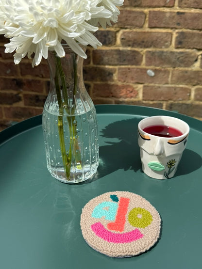 “Alo” Smile Face Punch Needle Coaster – Handmade, Whimsical & Full of Personality