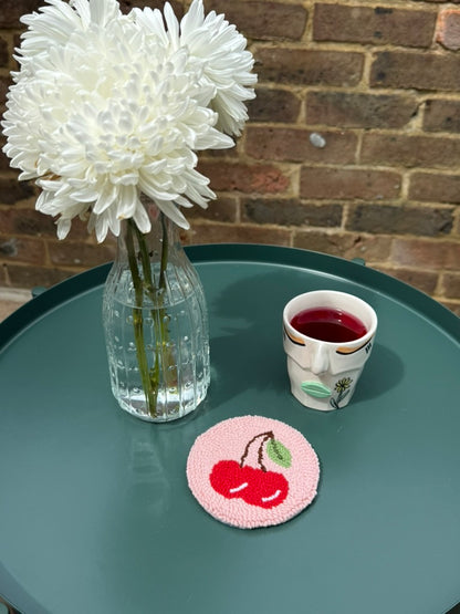 Cherry Punch Needle Coaster – Handmade, Sweet & Playful Design