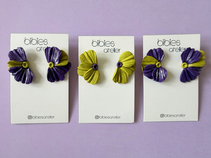 Flower Polymer Clay Flower Stud Earrings, Purple and Lime Green Botanical, Modern Statement Jewelry