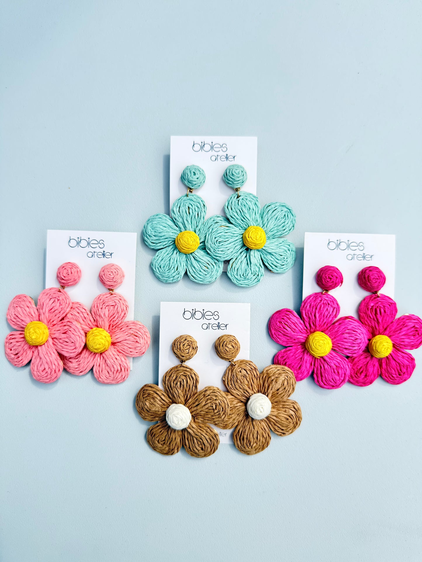 Handmade Raffia Flower Dangle Earrings, Woven Summer Statement Jewelry, Lightweight Floral Drops