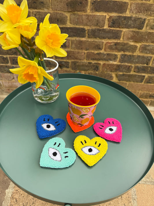 Heart & Eye Punch Needle Coaster – Handmade, Symbolic & Full of Meaning