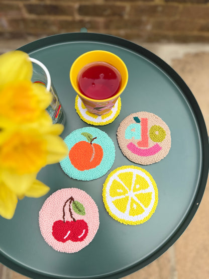 Cherry Punch Needle Coaster – Handmade, Sweet & Playful Design