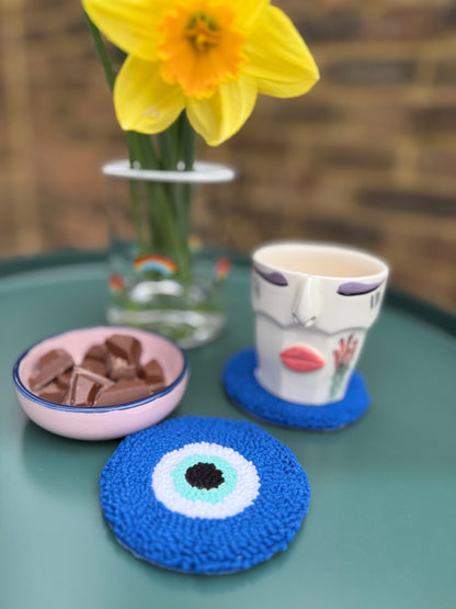 Evil Eye Punch Needle Coaster – Handmade, Colorful & Full of Good Energy