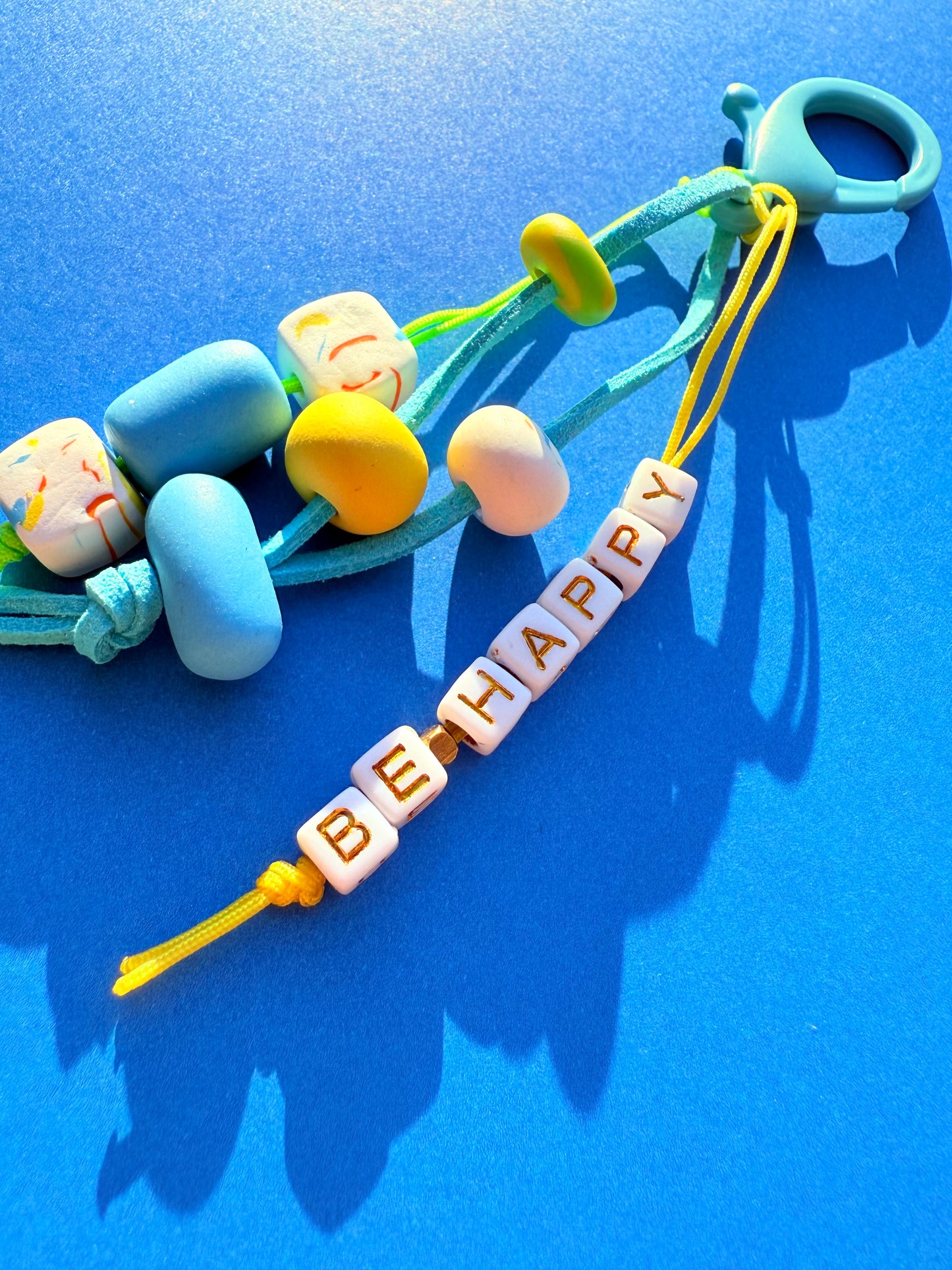 "BE HAPPY" Polymer Clay Bead Keychains – Colorful, Fun & Full of Personality