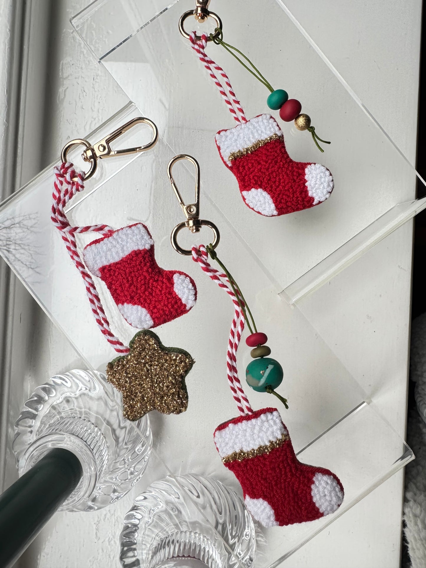 Handmade Christmas Stocking & Gold Star Punch Needle Keychain – Festive, Sparkly & One-of-a-Kind