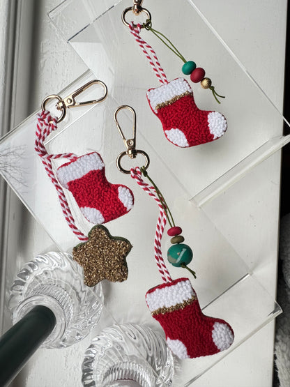 Handmade Christmas Stocking & Gold Star Punch Needle Keychain – Festive, Sparkly & One-of-a-Kind
