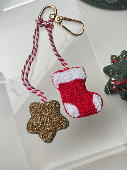 Handmade Christmas Stocking & Gold Star Punch Needle Keychain – Festive, Sparkly & One-of-a-Kind