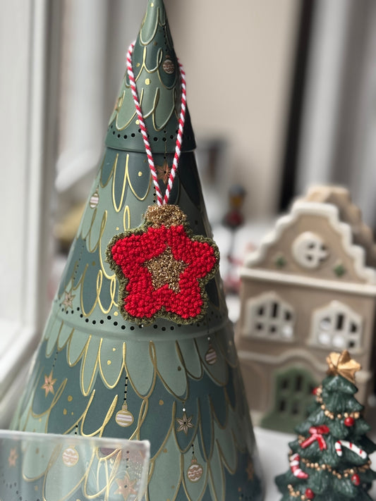 Handmade Punch Needle Christmas Ornament – Red & Gold Sparkle for Festive Cheer