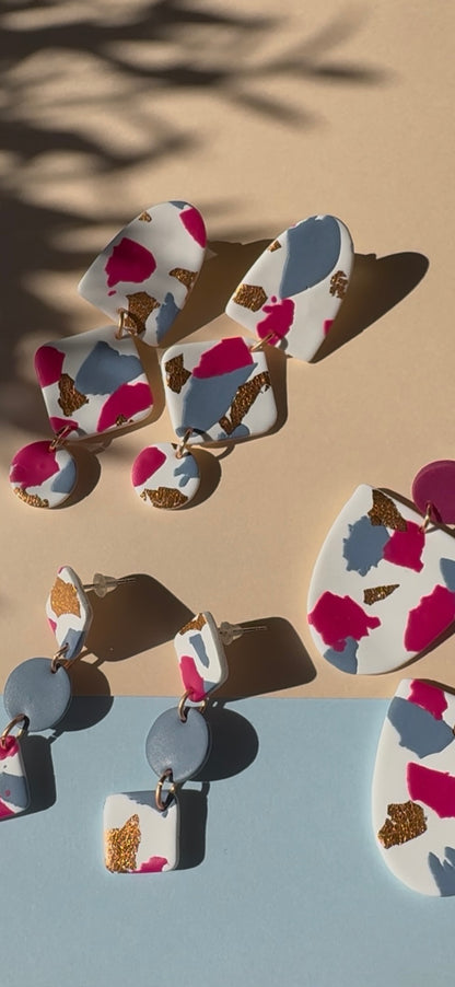 Blush Bloom Polymer Clay Earrings – White & Pink with Gold-Toned Details