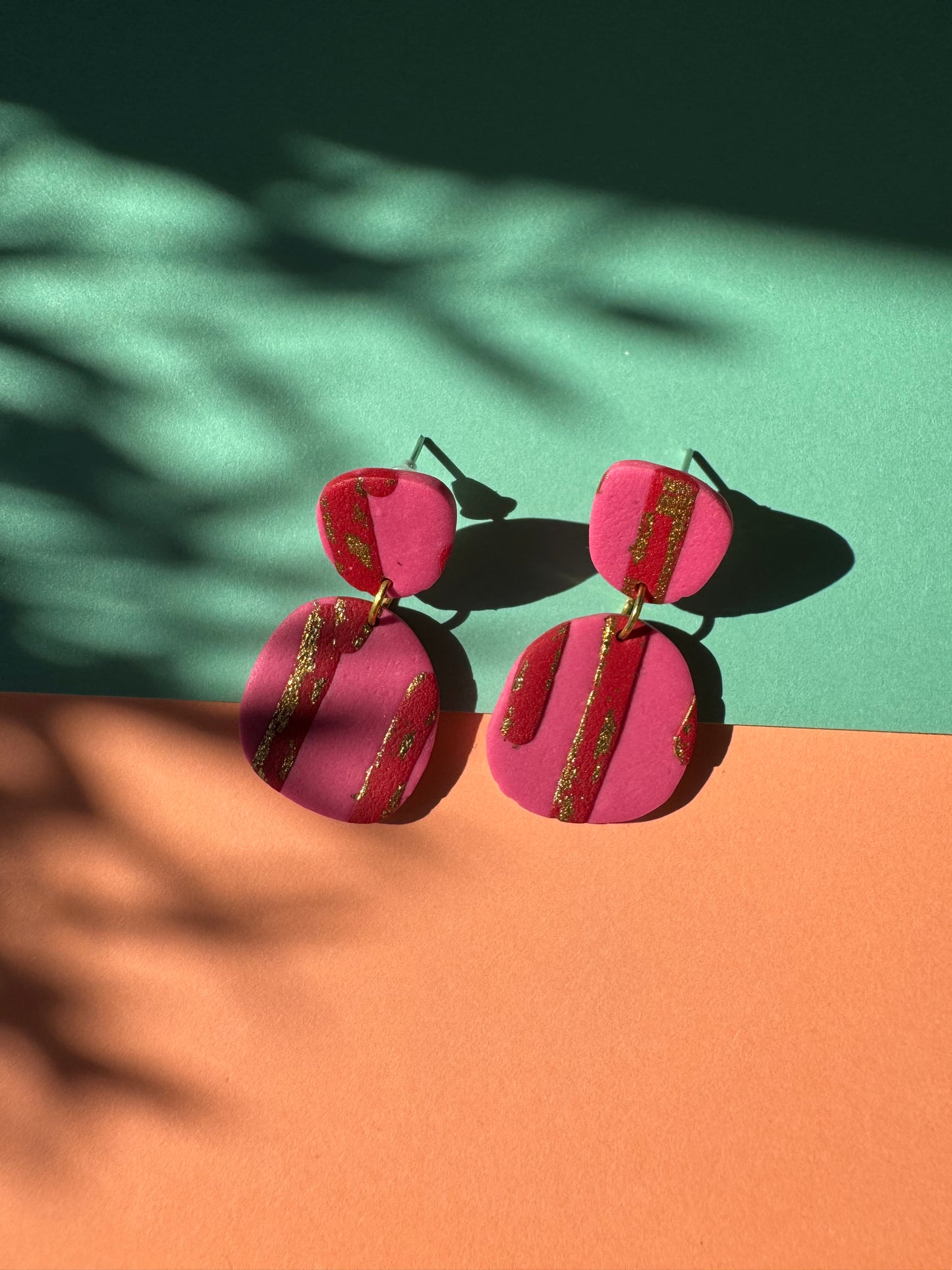 Rose Stripe Polymer Clay Earrings – Pink with Red & Gold Lines