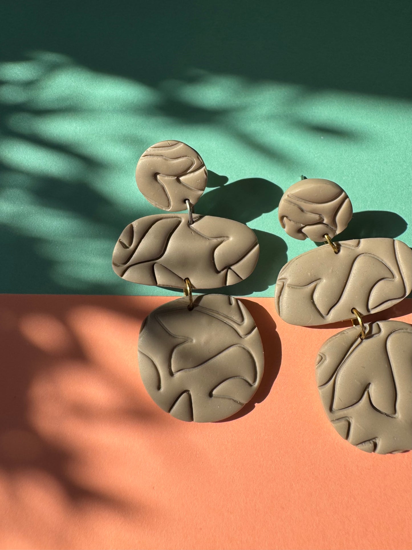 Earthleaf Polymer Clay Earrings – Beige Triple Drop Leaf Design