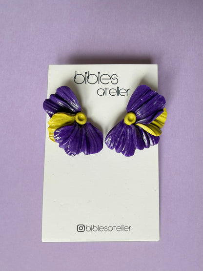 Flower Polymer Clay Flower Stud Earrings, Purple and Lime Green Botanical, Modern Statement Jewelry