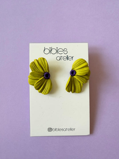 Flower Polymer Clay Flower Stud Earrings, Purple and Lime Green Botanical, Modern Statement Jewelry