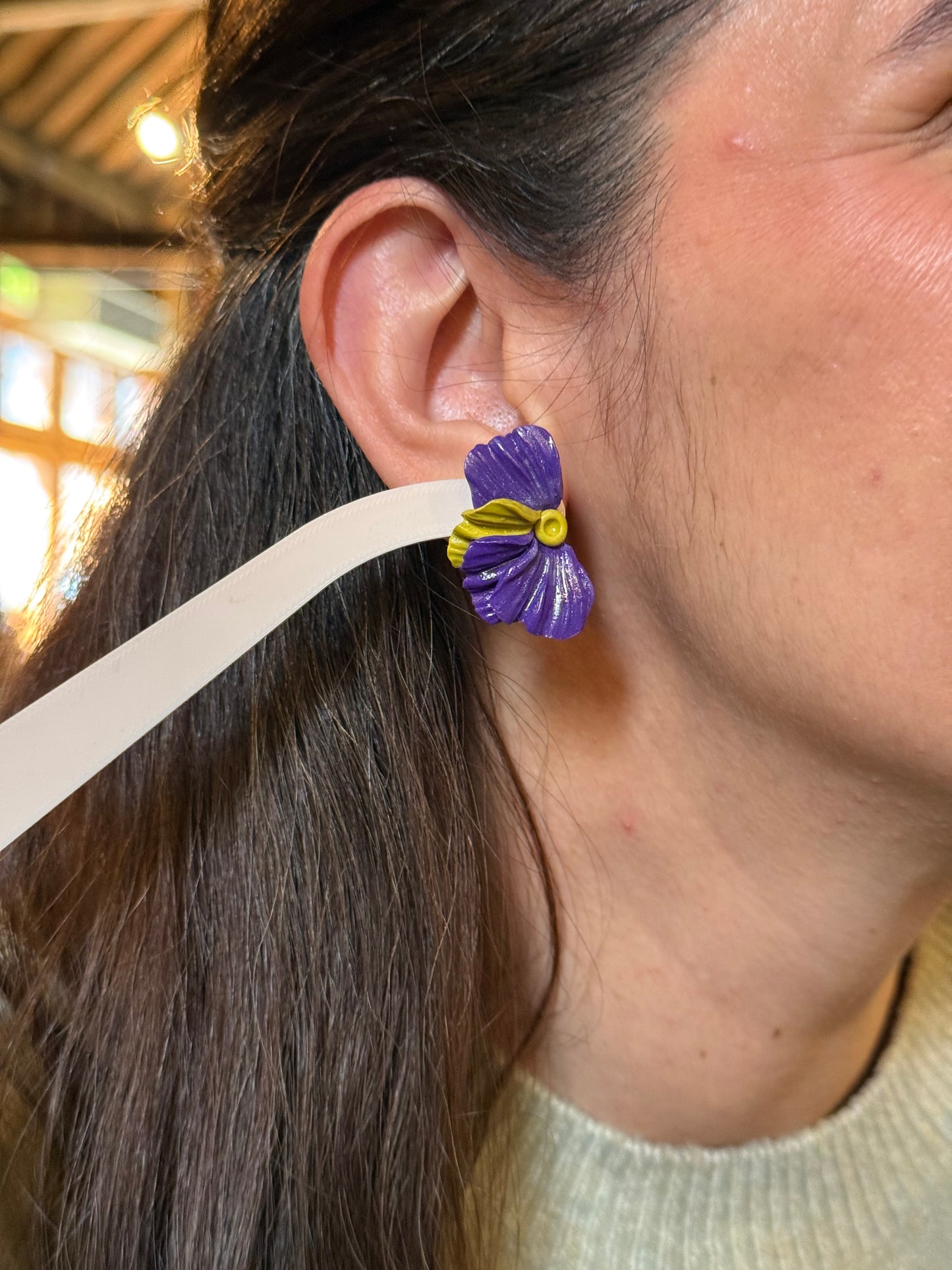 Flower Polymer Clay Flower Stud Earrings, Purple and Lime Green Botanical, Modern Statement Jewelry