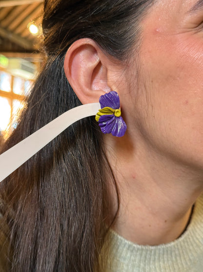 Flower Polymer Clay Flower Stud Earrings, Purple and Lime Green Botanical, Modern Statement Jewelry