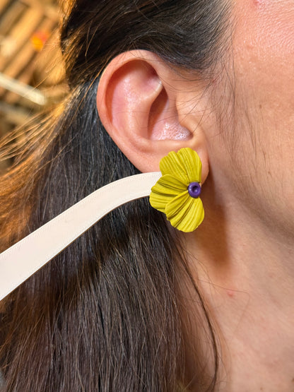 Flower Polymer Clay Flower Stud Earrings, Purple and Lime Green Botanical, Modern Statement Jewelry