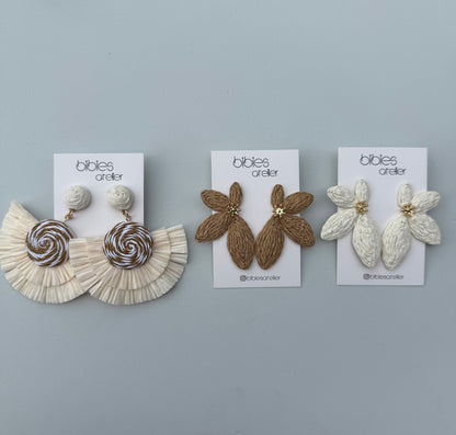 Raffia Fan Earrings, Woven Straw Leaf Statement Earrings, Handmade Neutral Boho Floral Dangles, Elegant Summer Fringe Jewelry
