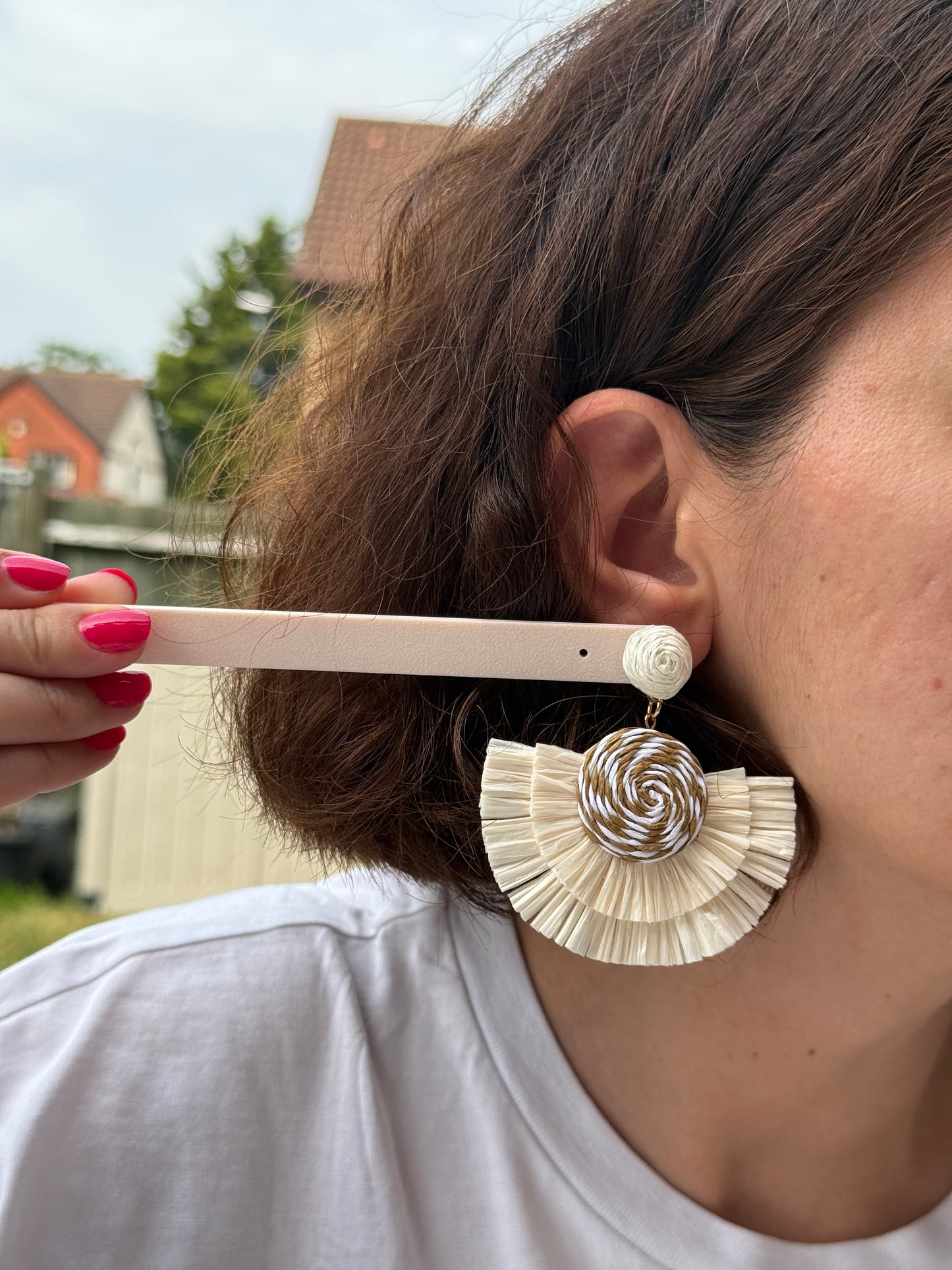 Raffia Fan Earrings, Woven Straw Leaf Statement Earrings, Handmade Neutral Boho Floral Dangles, Elegant Summer Fringe Jewelry