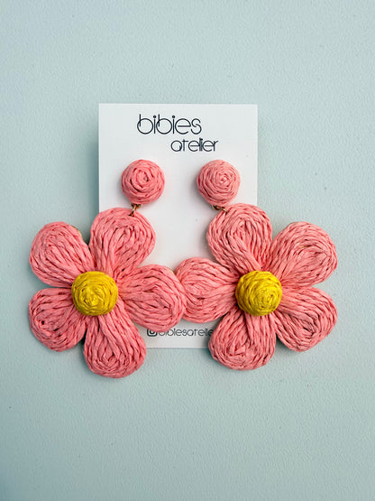 Handmade Raffia Flower Dangle Earrings, Woven Summer Statement Jewelry, Lightweight Floral Drops