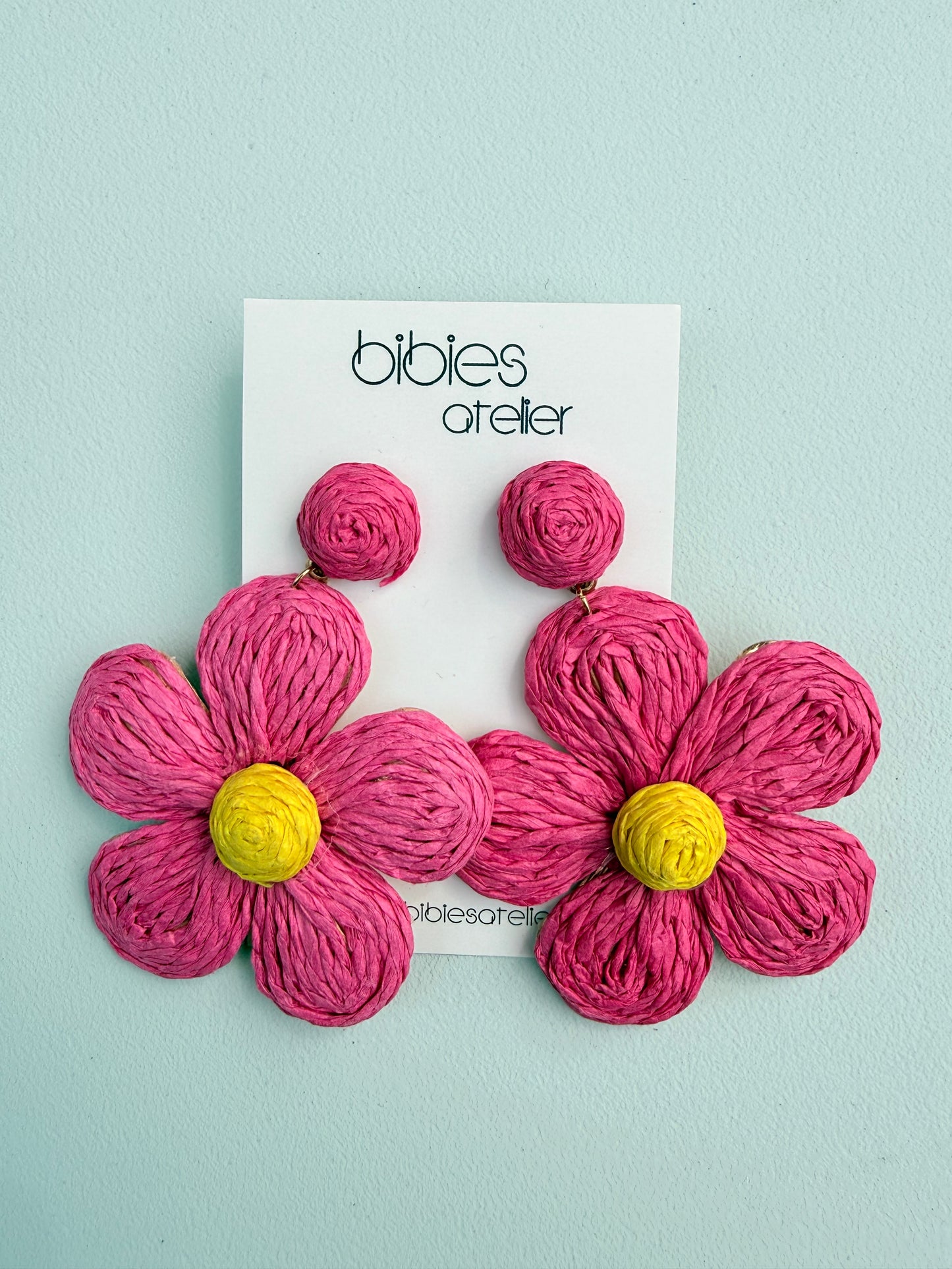 Handmade Raffia Flower Dangle Earrings, Woven Summer Statement Jewelry, Lightweight Floral Drops