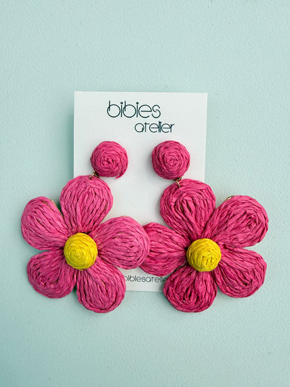 Handmade Raffia Flower Dangle Earrings, Woven Summer Statement Jewelry, Lightweight Floral Drops