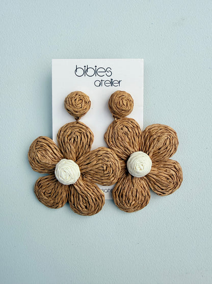 Handmade Raffia Flower Dangle Earrings, Woven Summer Statement Jewelry, Lightweight Floral Drops