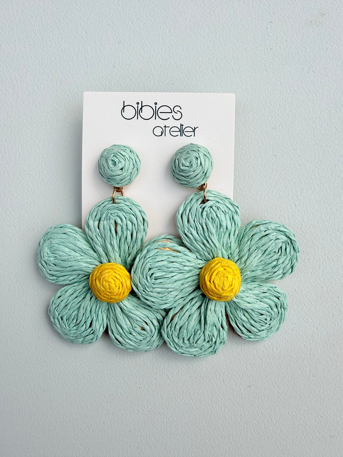 Handmade Raffia Flower Dangle Earrings, Woven Summer Statement Jewelry, Lightweight Floral Drops