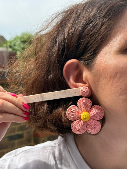 Handmade Raffia Flower Dangle Earrings, Woven Summer Statement Jewelry, Lightweight Floral Drops