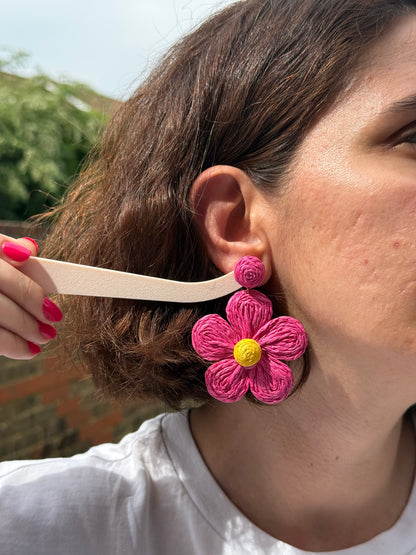 Handmade Raffia Flower Dangle Earrings, Woven Summer Statement Jewelry, Lightweight Floral Drops