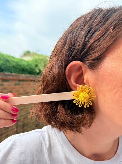 Handmade Raffia Daisy Earrings, Woven Straw Floral Dangles, Beaded Summer Statement Jewelry