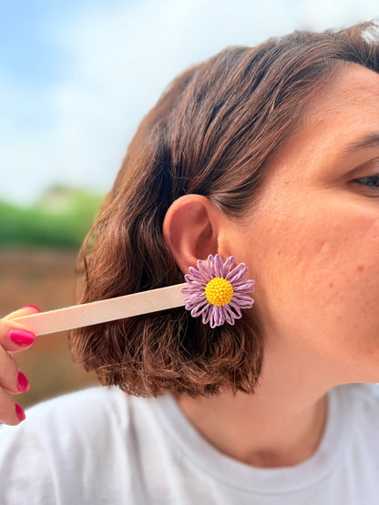 Handmade Raffia Daisy Earrings, Woven Straw Floral Dangles, Beaded Summer Statement Jewelry