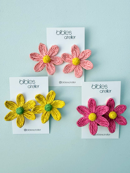 Raffia Flower Stud Earrings, Large Straw Floral Post Earrings, Handmade Statement Flower Studs, Colorful Summer Woven Jewelry