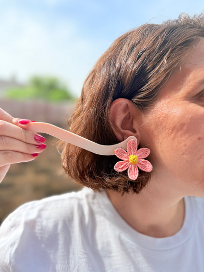 Raffia Flower Stud Earrings, Large Straw Floral Post Earrings, Handmade Statement Flower Studs, Colorful Summer Woven Jewelry