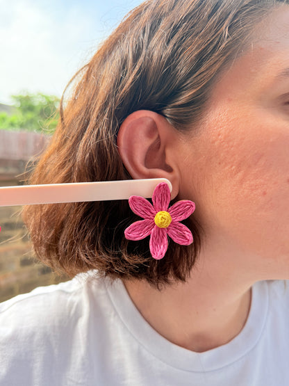 Raffia Flower Stud Earrings, Large Straw Floral Post Earrings, Handmade Statement Flower Studs, Colorful Summer Woven Jewelry