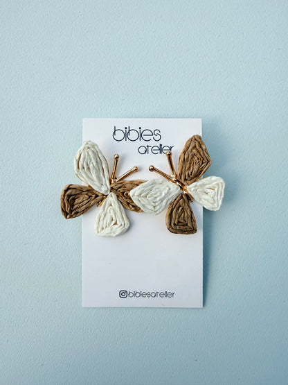 Handmade Raffia Butterfly Earrings, Woven Straw Dangles, Boho Summer Jewelry, Gold Detail