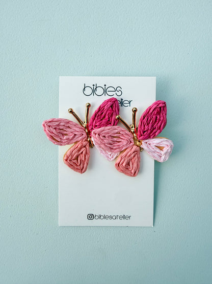 Handmade Raffia Butterfly Earrings, Woven Straw Dangles, Boho Summer Jewelry, Gold Detail
