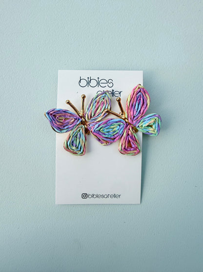 Handmade Raffia Butterfly Earrings, Woven Straw Dangles, Boho Summer Jewelry, Gold Detail