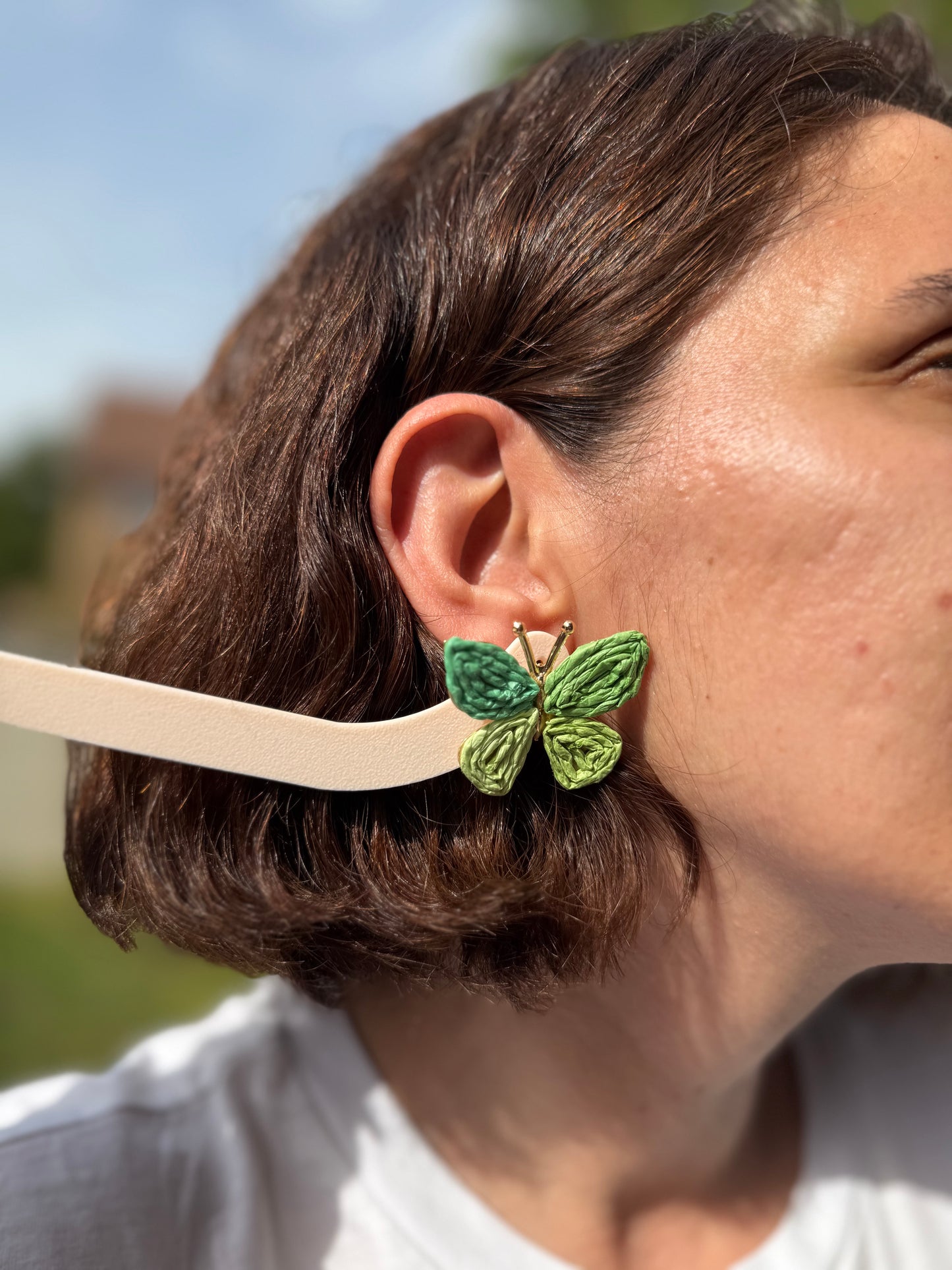Handmade Raffia Butterfly Earrings, Woven Straw Dangles, Boho Summer Jewelry, Gold Detail