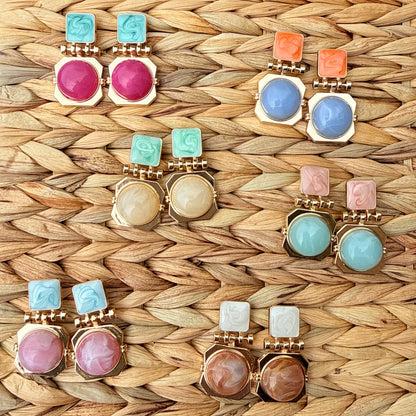 Vintage Retro Geometric Enamel & Marble Drop Earrings